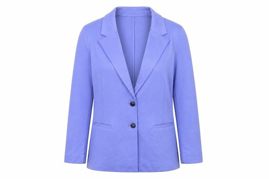 Front view of Cotton Traders women’s blue blazer, size UK 12, lined polyester jacket