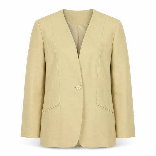 Front view of Variations Women's Beige Blazer, size 12, Single Button Lined Jacket