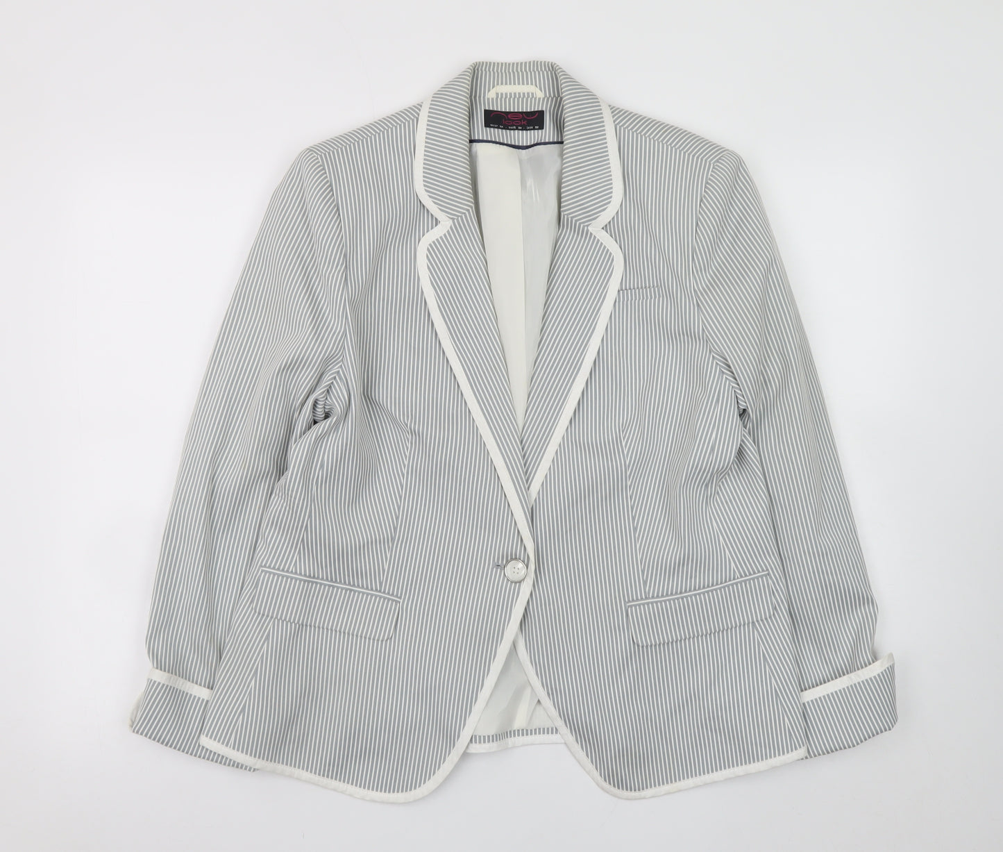 New Look Women Grey Striped Blazer UK 18 Classic Mid-Length Jacket