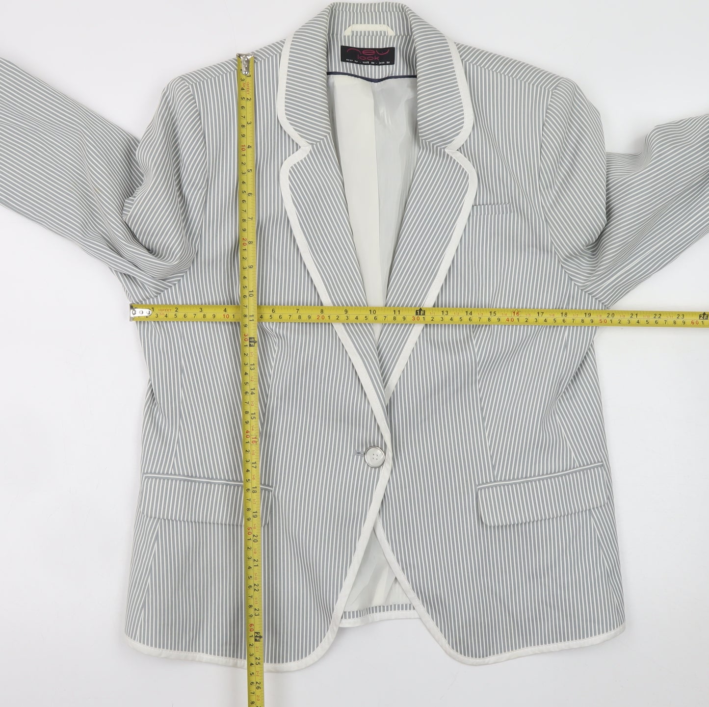 New Look Women Grey Striped Blazer UK 18 Classic Mid-Length Jacket