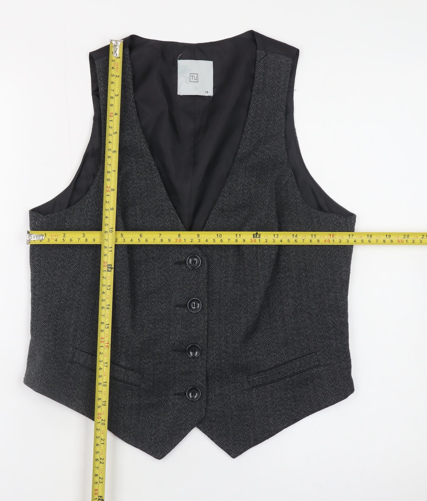 TU Women’s Grey Herringbone Tweed Waistcoat Size 14 Classic V-Neck