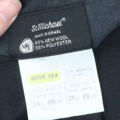 Marks and Spencer Mens Black Wool Blend Pleated Dress Trousers 34W 31L
