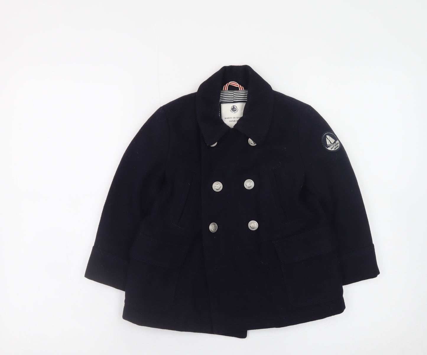 Petit Bateau Girls Blue Wool Pea Coat 4 Years Double-Breasted Winter Jacket