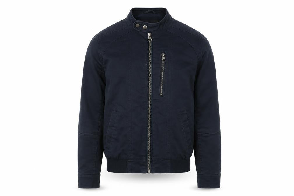 Front view of Villain Men's Blue Biker Jacket, size S, Cotton Twill Collared Zip