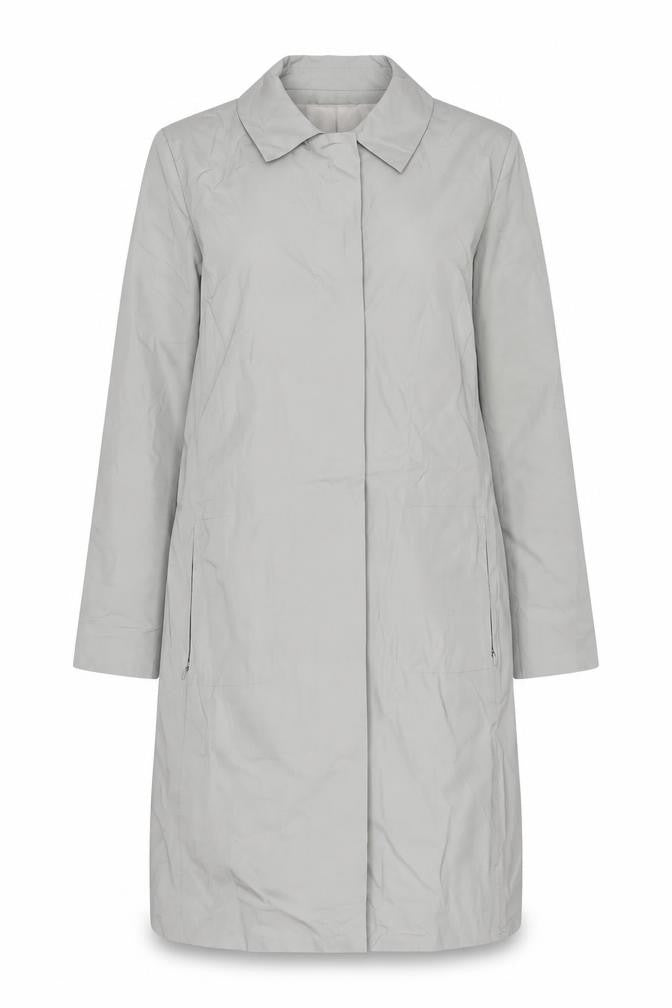 Front view of River Island Women's Grey Long Rain Coat, size 14, Classic Style