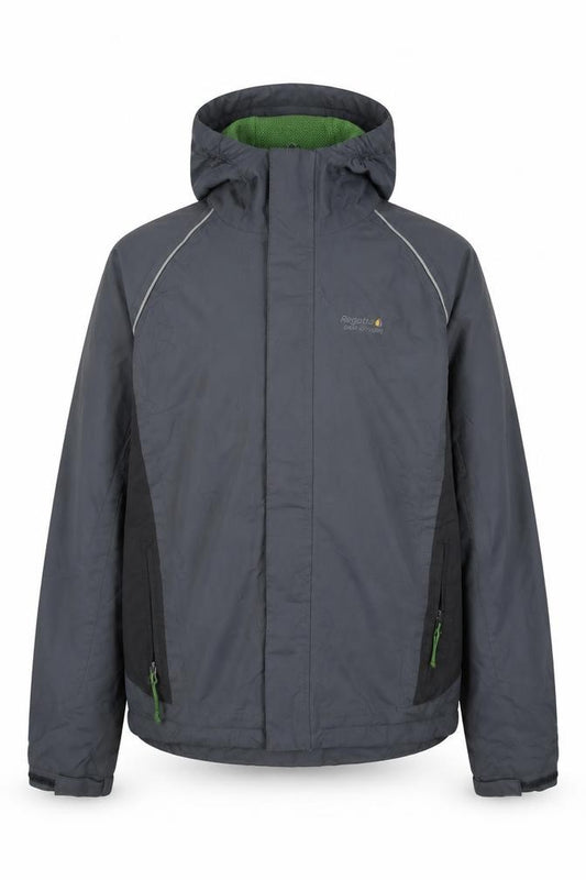 Front view of Regatta boys’ grey hooded waterproof rain jacket, size 164, regular fit