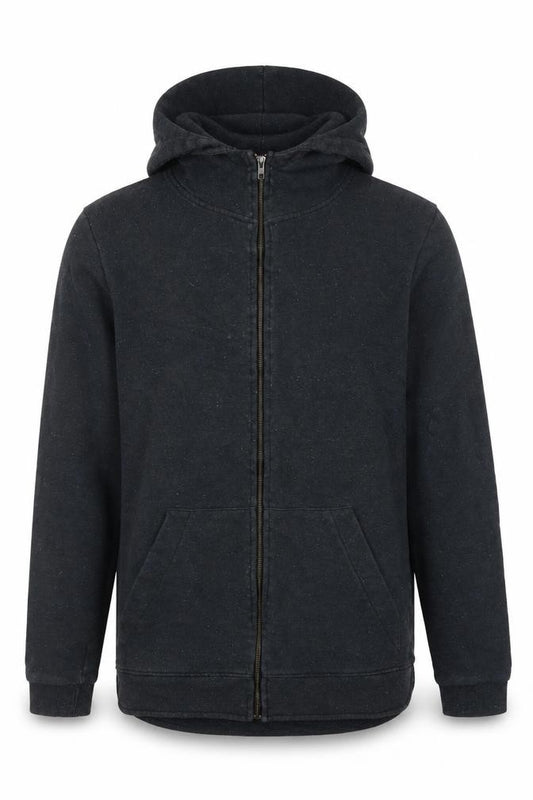 Front view of RVLT Revolution men’s black full zip hoodie, size L, cotton blend