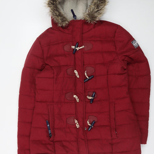 Superdry Women's Red XL Mid-Length Duffle Coat Hooded Faux Fur Trim