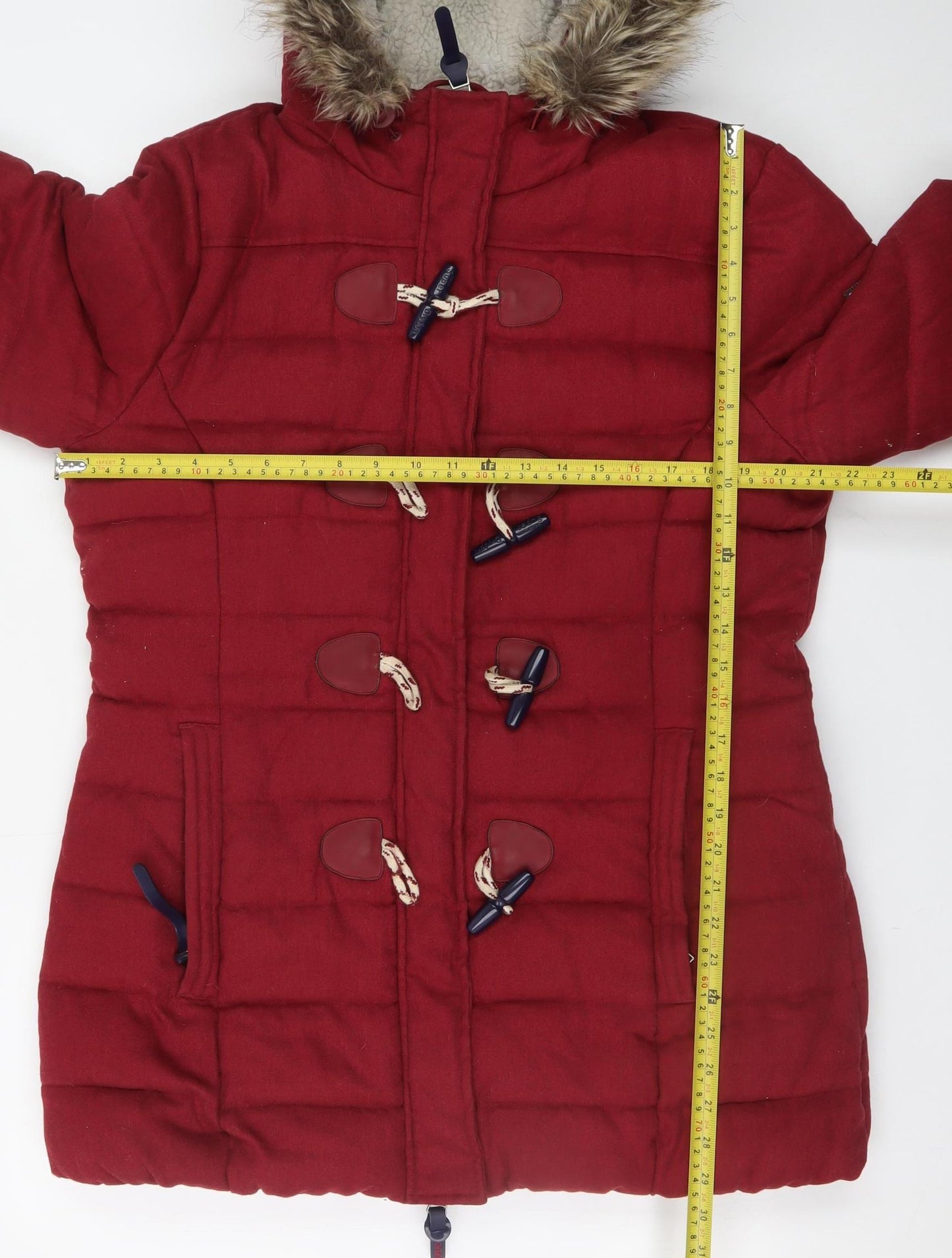 Superdry Women's Red XL Mid-Length Duffle Coat Hooded Faux Fur Trim
