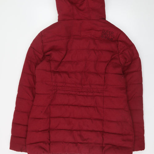 Superdry Women's Red XL Mid-Length Duffle Coat Hooded Faux Fur Trim
