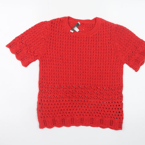 Marks and Spencer Women's Red Open-Knit Short Sleeve Jumper Size S