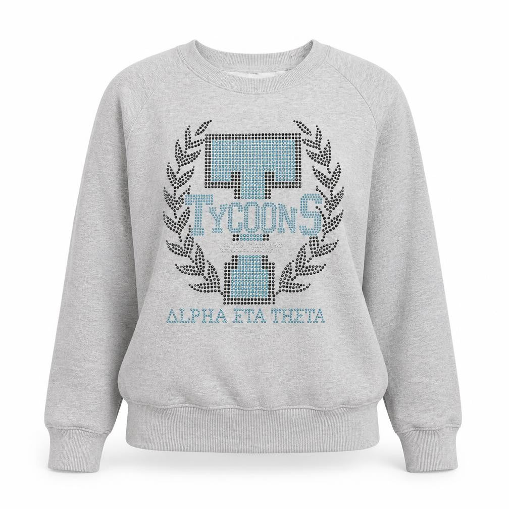 Front view of JustHoods AWDis women’s grey medium pullover sweatshirt rhinestone graphic