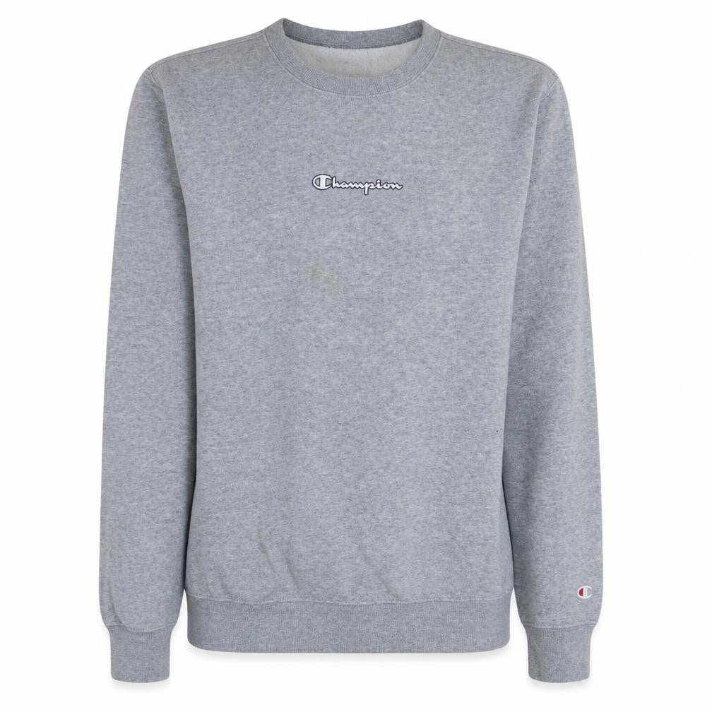 Front view of Champion Men's Grey Small Crew Neck Logo Pullover Sweatshirt
