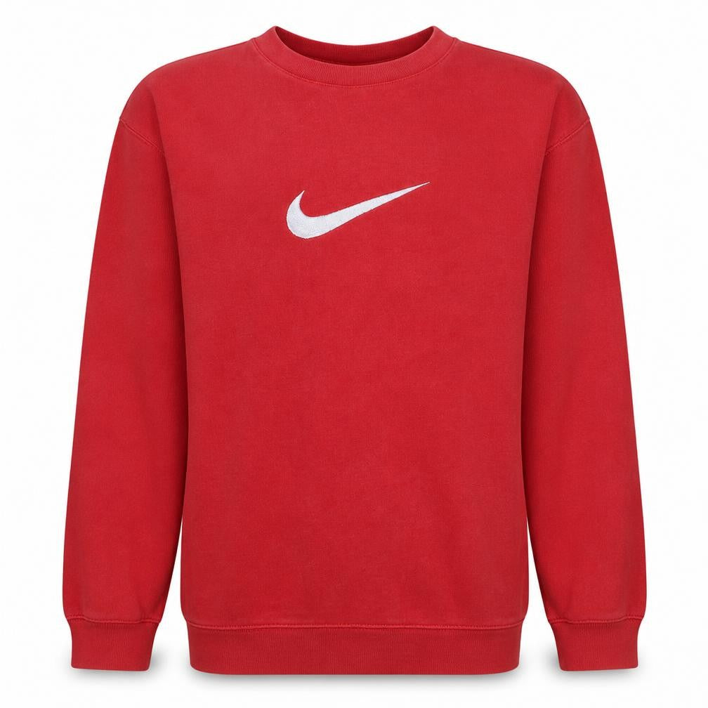 Front view of Nike boys’ red pullover crew neck sweatshirt, size 13-14, years logo fleece