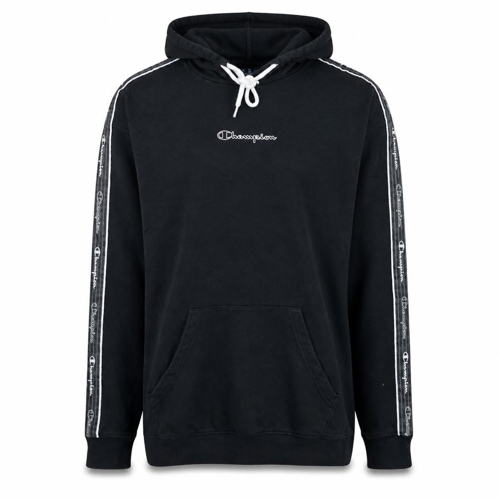 Front view of Champion Men's Black Large Pullover Hoodie with Logo Trim
