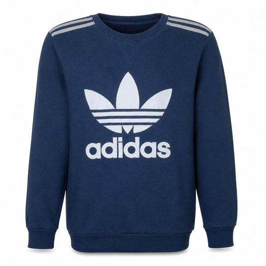Front view of Adidas Men's Blue Crew Neck Logo Pullover Sweatshirt, size S