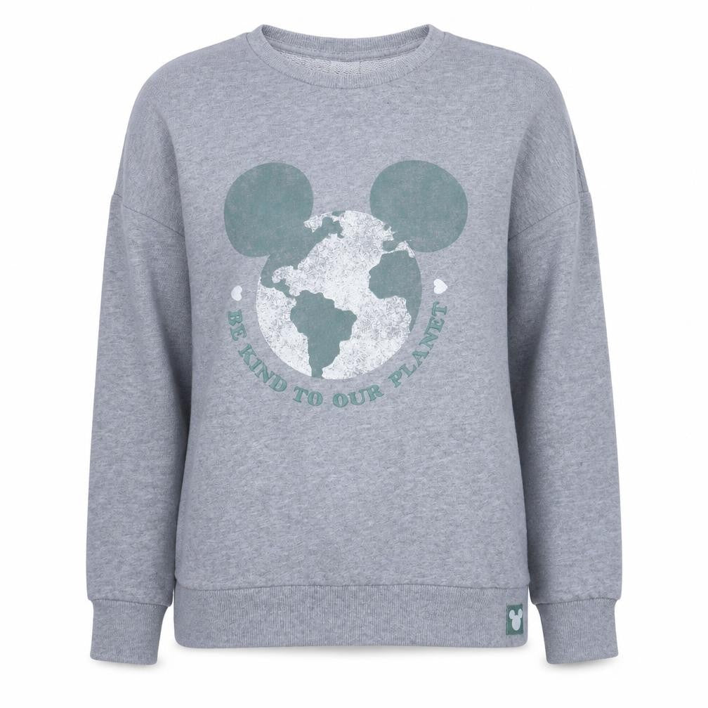 Front view of Disney women’s grey sweatshirt, size UK 38, be kind to our planet pullover