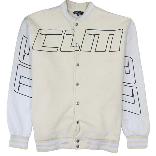 boohooMAN Men's Beige XS Varsity Jacket Graphic Bear Design