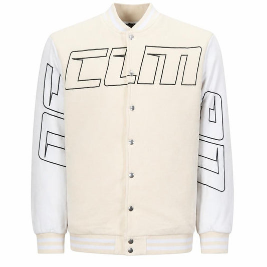 Front view of boohooMAN Men's Beige XS Varsity Jacket Graphic Bear Design