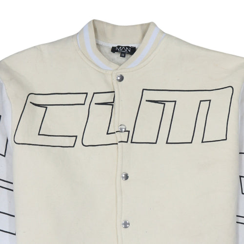 boohooMAN Men's Beige XS Varsity Jacket Graphic Bear Design