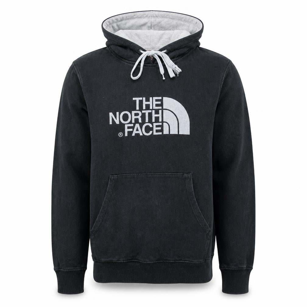 Front view of The North Face men’s black pullover hoodie, size S, classic fleece