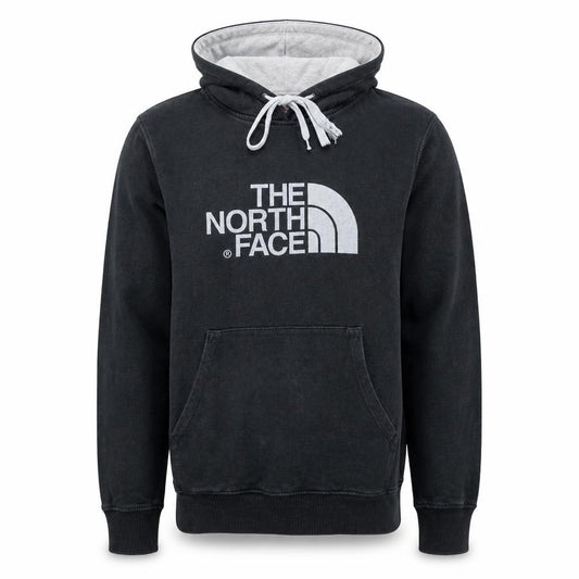 Front view of The North Face men’s black pullover hoodie, size S, classic fleece
