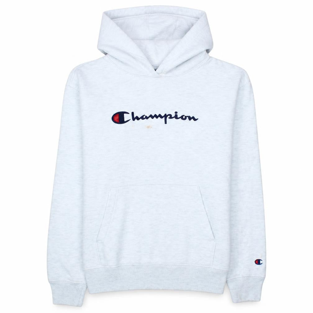 Front view of Champion women’s light grey pullover hoodie xs casual logo sweatshirt
