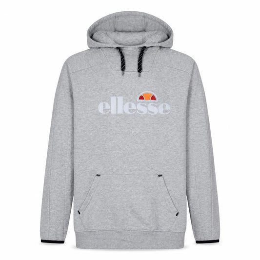 Front view of Ellesse men’s grey pullover hoodie, size S, logo fleece sweatshirt