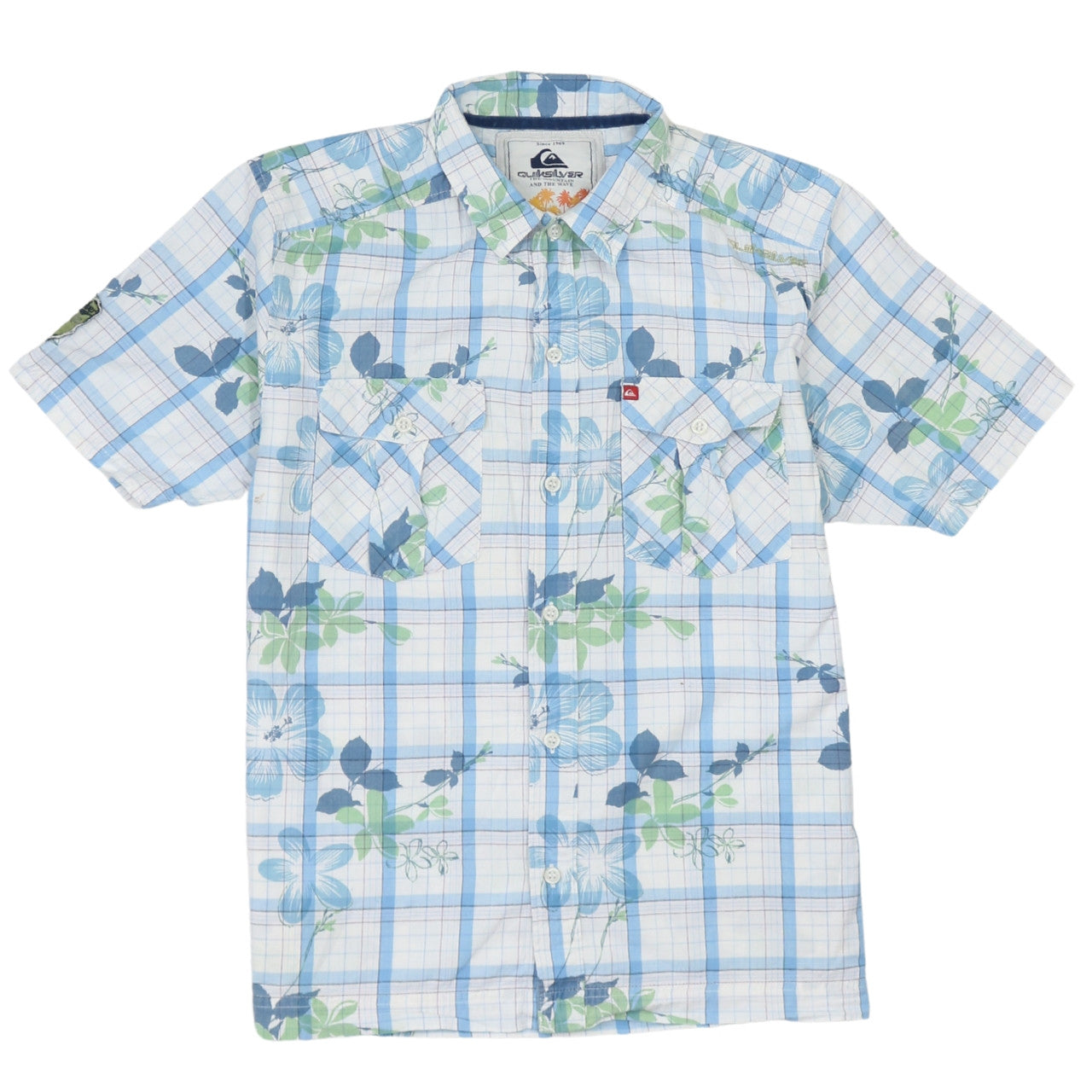 Quiksilver Boys Blue Floral Check Short Sleeve Button-Up Shirt Size 16