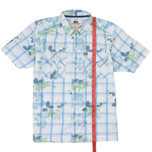 Quiksilver Boys Blue Floral Check Short Sleeve Button-Up Shirt Size 16