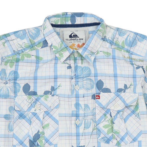 Quiksilver Boys Blue Floral Check Short Sleeve Button-Up Shirt Size 16