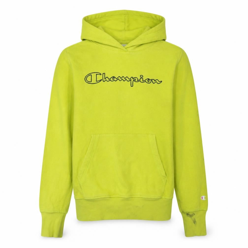 Front view of Champion Men's Yellow Small Pullover Hoodie with Logo