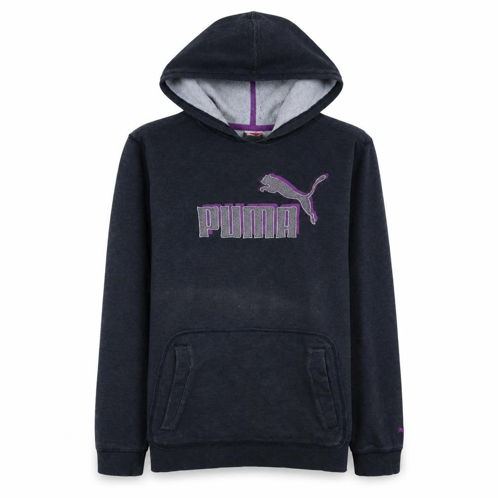 Front view of Puma women’s black pullover hoodie, size UK 16, logo fleece casual