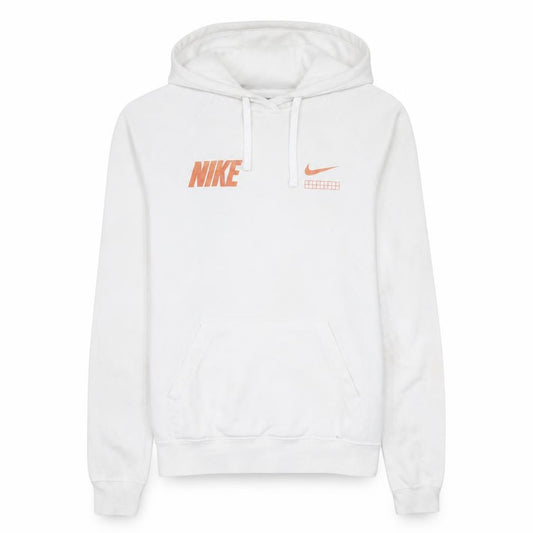 Front view of Nike Men's White XS Pullover Hoodie with Orange Logo Print