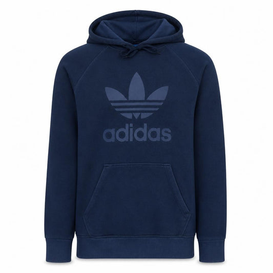 Front view of Adidas Men's Blue Pullover Hoodie, size M, Logo Sports Sweatshirt