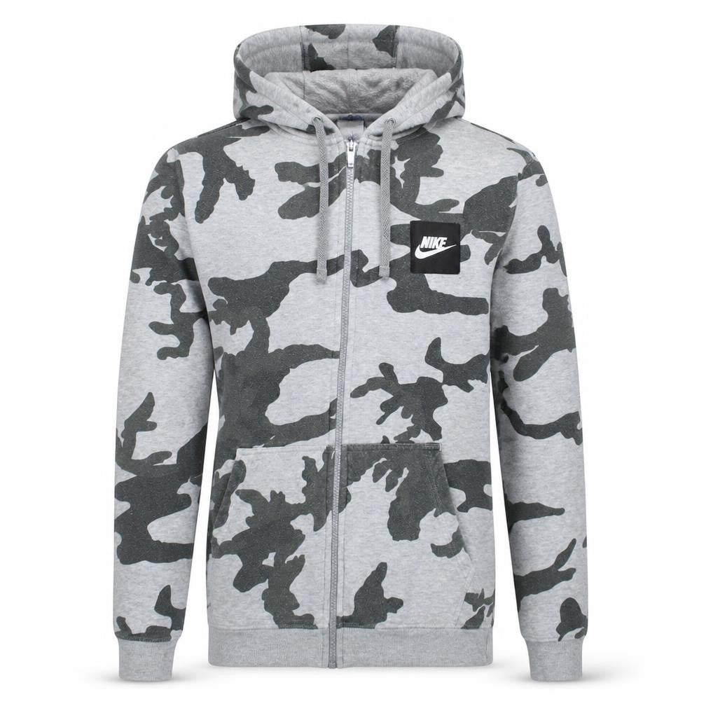 Front view of Nike Men's Grey Camo Full Zip Hoodie Small