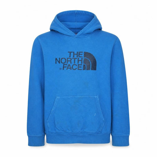 Front view of The North Face boys’ blue xl pullover hoodie cotton fleece sweatshirt