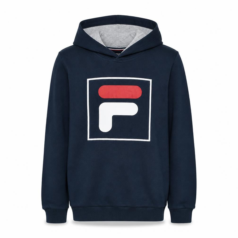 Front view of Fila boys’ blue pullover hoodie 176 logo graphic cotton blend sweatshirt