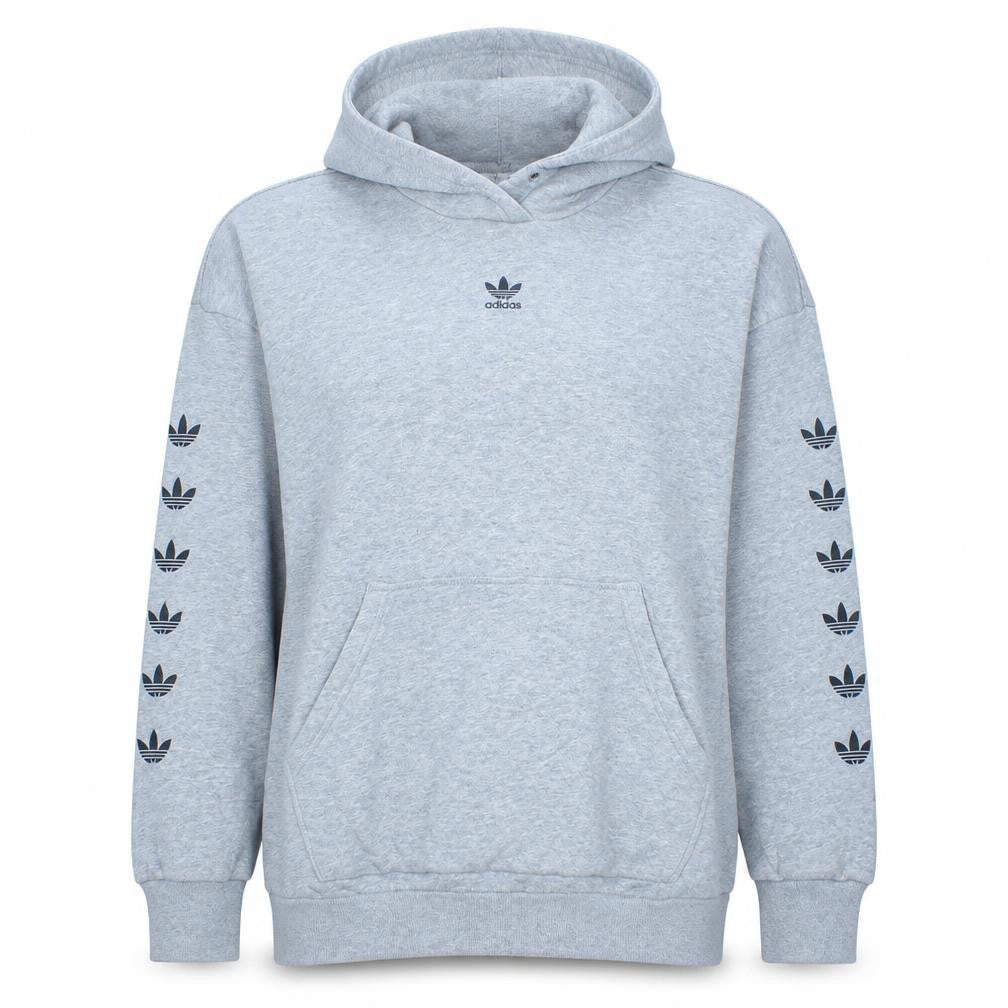 Front view of Adidas women’s grey hooded pullover hoodie, size UK 12, logo print