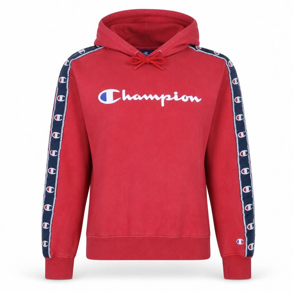 Front view of Champion Women's Red Hoodie, size XL, Logo Tape Sleeve Pullover
