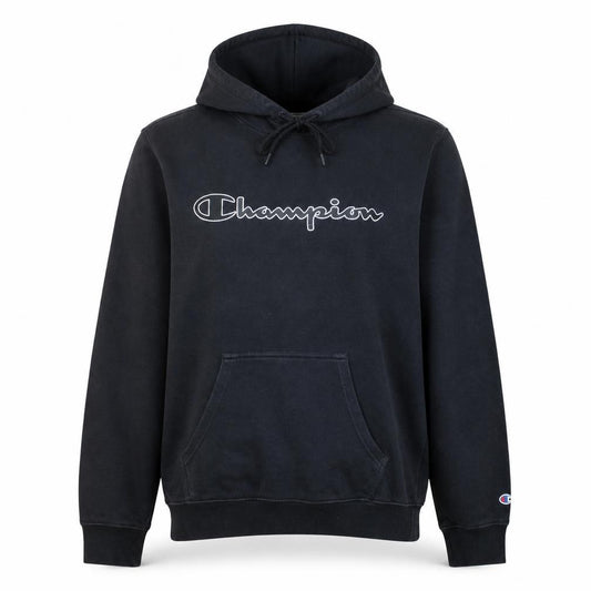 Front view of Champion Men’s Black Pullover Hoodie Medium Logo Fleece Sweatshirt
