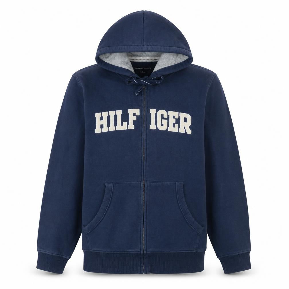 Front view of Tommy Hilfiger Men’s Blue Full Zip Hoodie, size L, Regular Fit