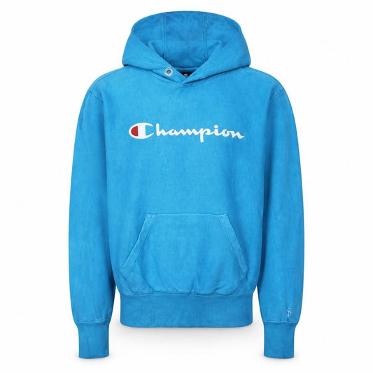 Front view of Champion Men's Blue Pullover Hoodie Small Fleece Logo Sweatshirt