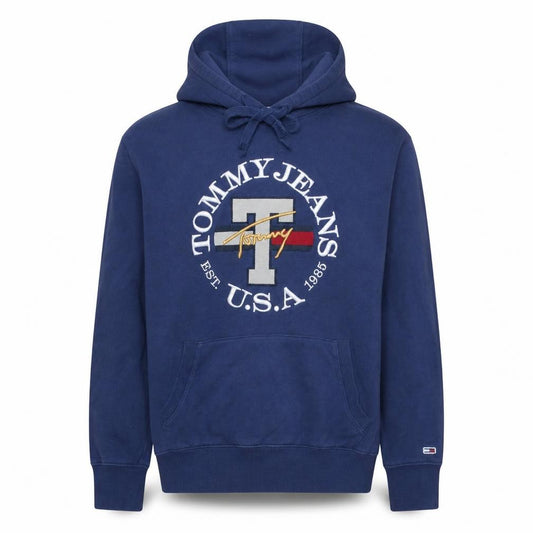 Front view of Tommy Jeans Men's Blue Pullover Hoodie, size S, Embroidered Logo