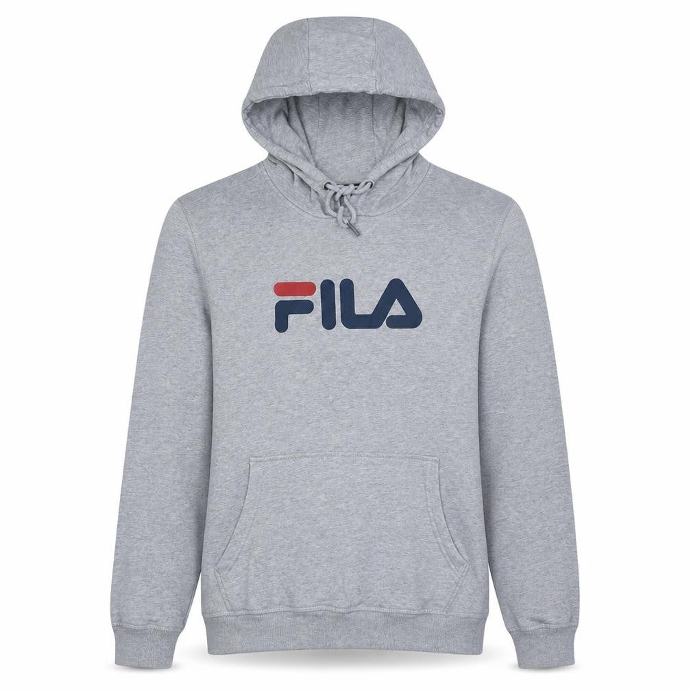 Front view of Fila Men's Grey Pullover Hoodie M Logo Sports Sweatshirt