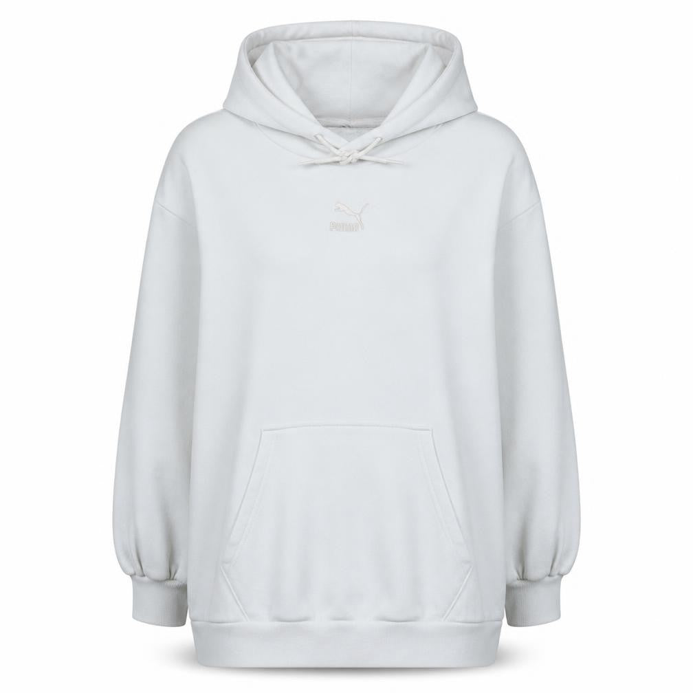 Front view of Puma women’s white small hooded pullover sweatshirt with kangaroo pocket