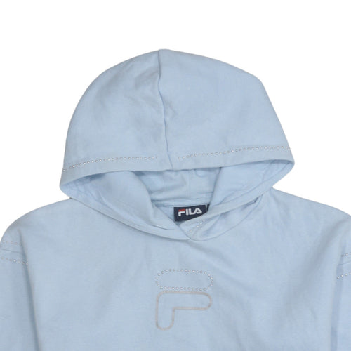 Fila Womens Light Blue Small Pullover Hoodie Rhinestone Logo Casual
