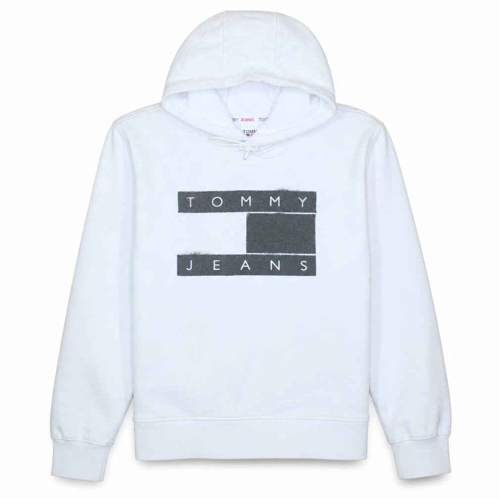 Front view of Tommy Jeans Men's White Pullover Hoodie L Logo Graphic Cotton