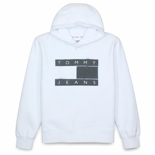 Front view of Tommy Jeans Men's White Pullover Hoodie L Logo Graphic Cotton