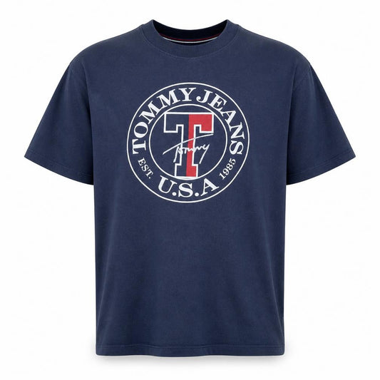 Front view of Tommy Jeans Men's Blue USA Logo Cotton T-Shirt, size M